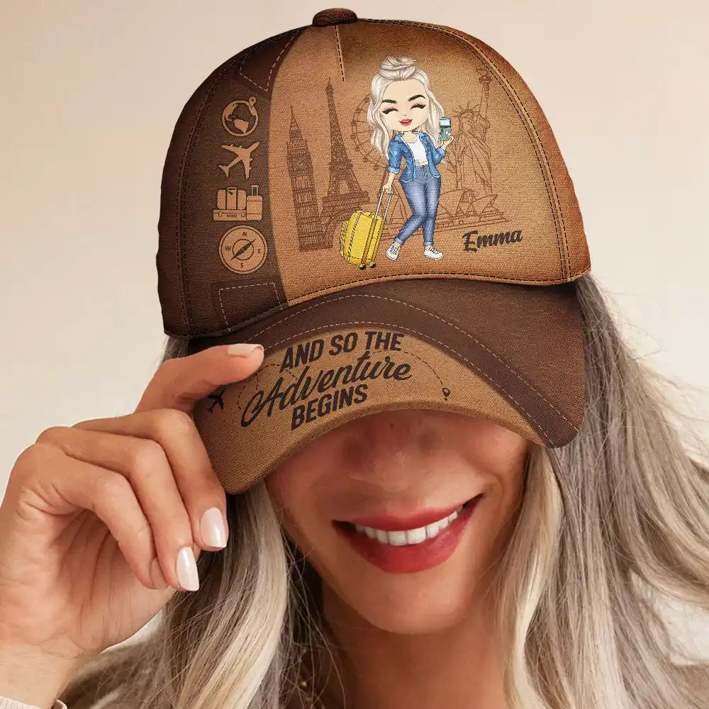 Personalized Classic Cap 'Just a girl who loves traveling' - Brown polyester-cotton blend, adjustable fit, travel accessory