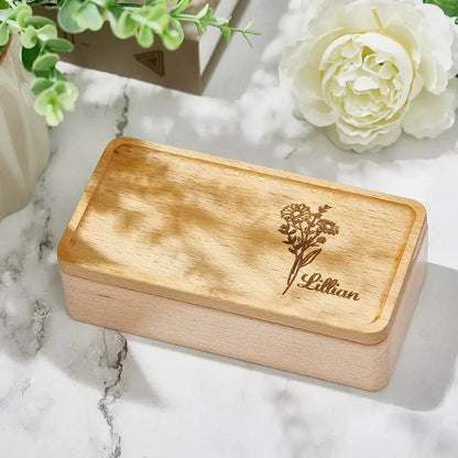 Personalized wooden jewelry box with birth flower engraving, custom name, perfect gift for her.