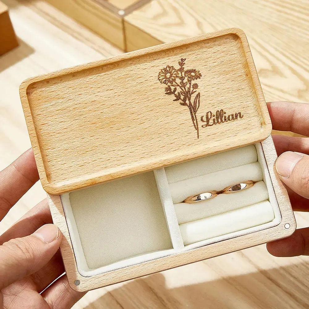 Personalized birth flower jewelry box, wood grain with custom name, a perfect gift for her.