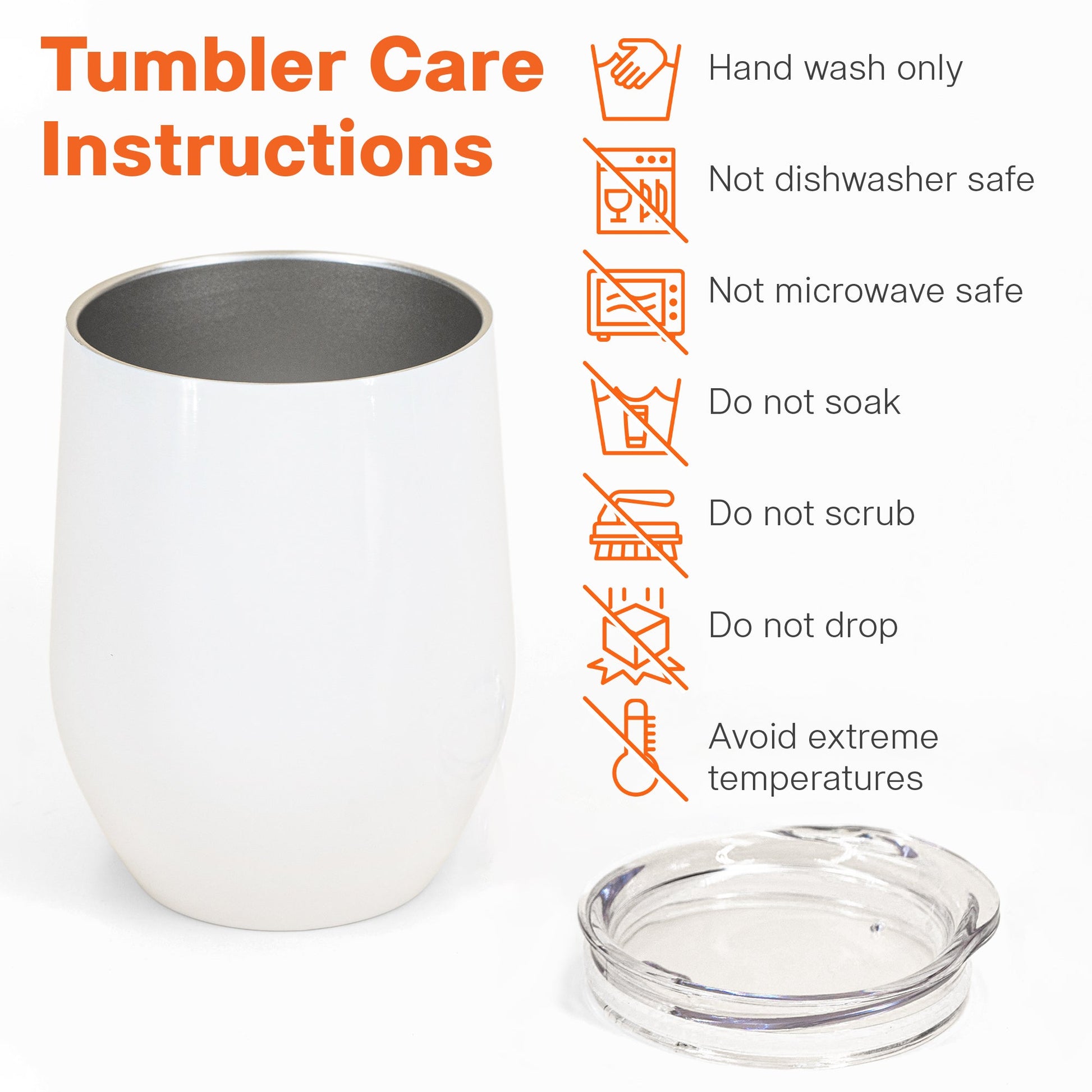 White stainless steel wine tumbler with snap-on lid, 'Tumbler Care Instructions' displayed, perfect dog mom gift.