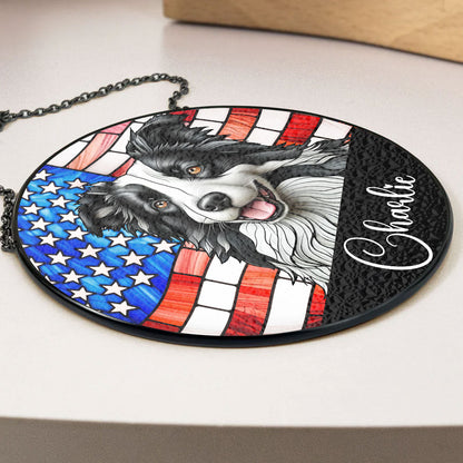 Personalized Portrait Dog American Flag Suncatcher with 'Charlie', stained glass window hanging decoration
