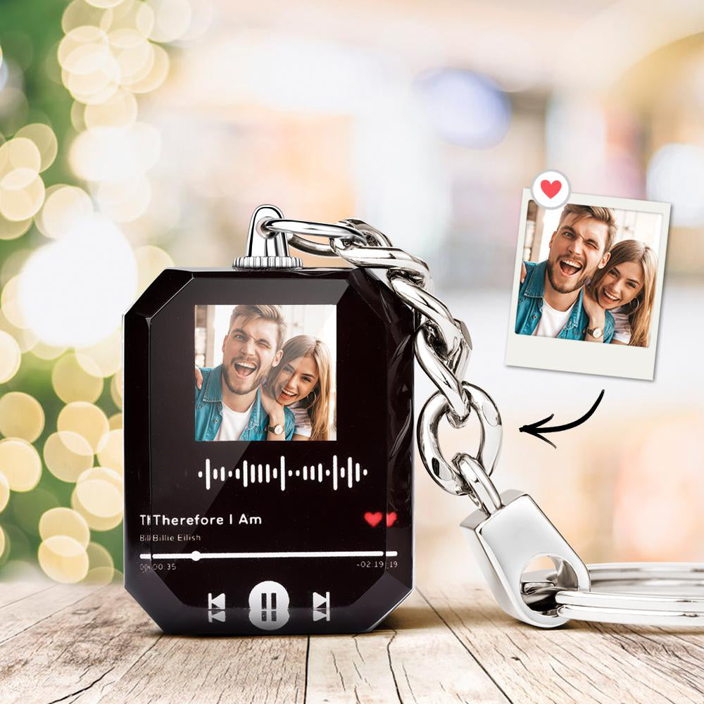 Personalized crystal music keychain with custom photo, clear design with scannable code, ideal gift.