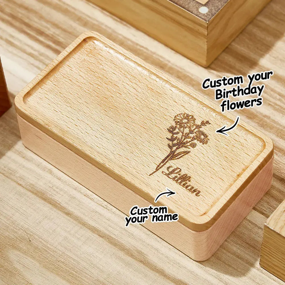 Personalized wooden jewelry box with custom birth flower and name, a unique gift for her.