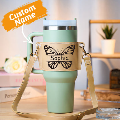 Personalized 40oz Stanley Tumbler with Butterfly Carrier Bag and Adjustable Strap - Sophia
