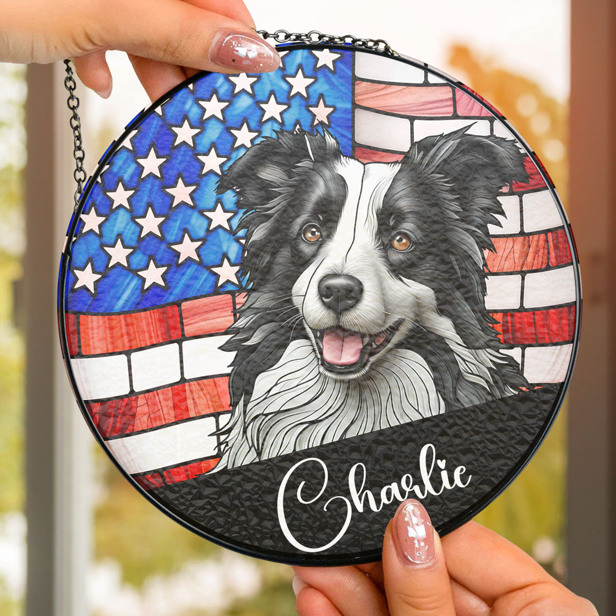 Charlie portrait American flag suncatcher, stained glass window decor, custom pet gift