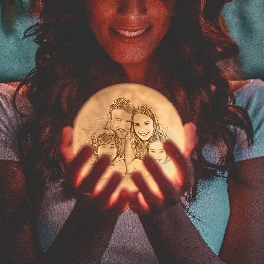Custom photo lunar lamp held by person, displaying a family photo, perfect Christmas gift