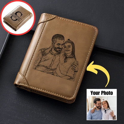 Custom Engraved Photo & Name Monogram Leather Wallet - Gifts for Men