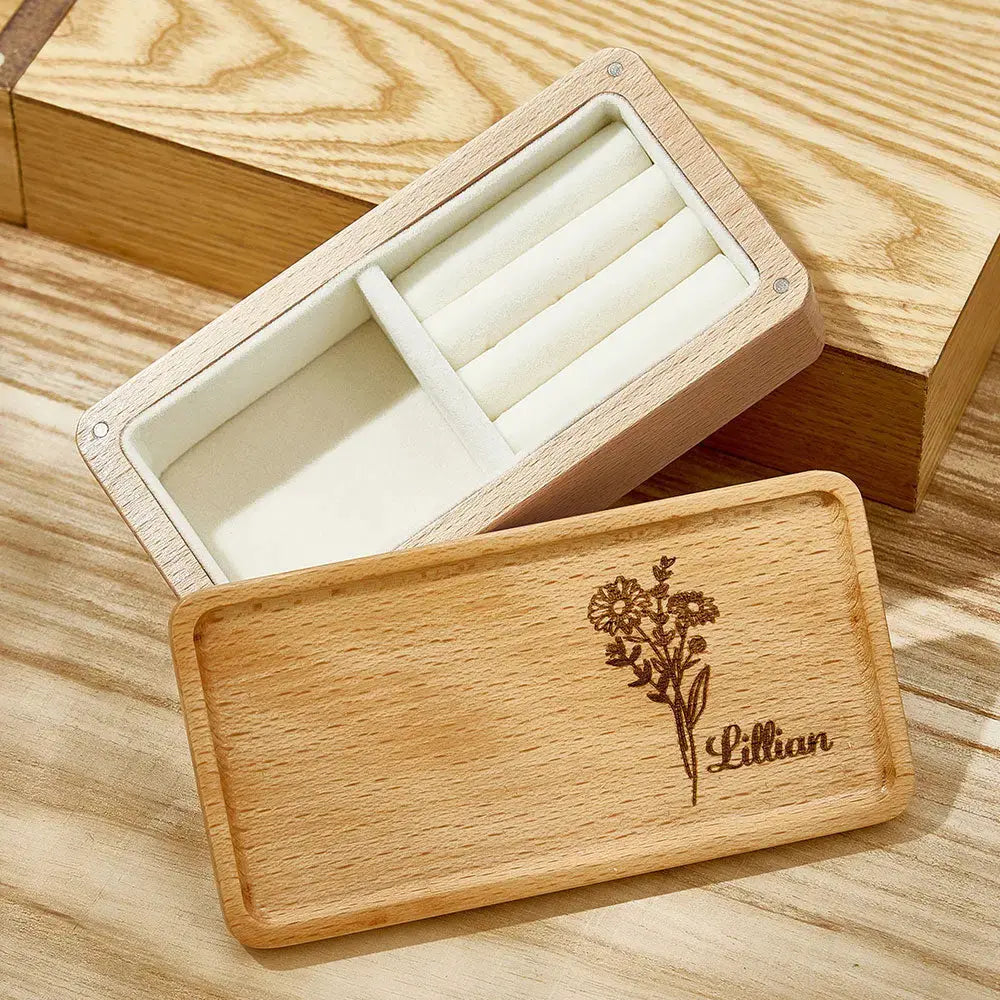 Personalized birth flower jewelry box with custom name engraving, perfect gift for her