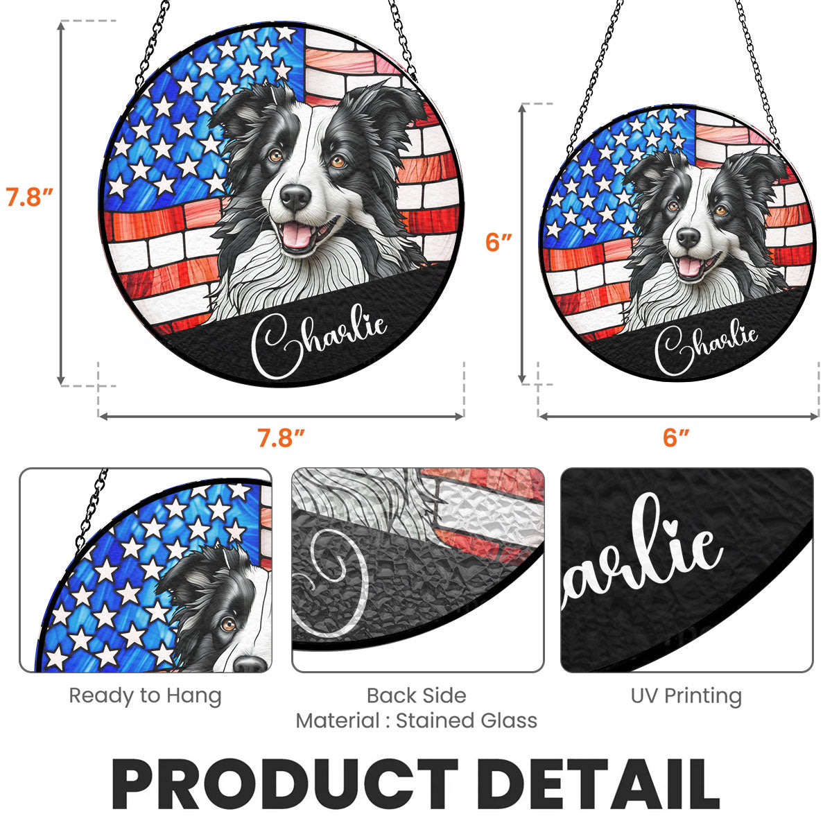 Personalized Portrait Dog American Flag Suncatcher with Charlie, stained glass window hanging decoration, 6.3 inch, 7.8 inch