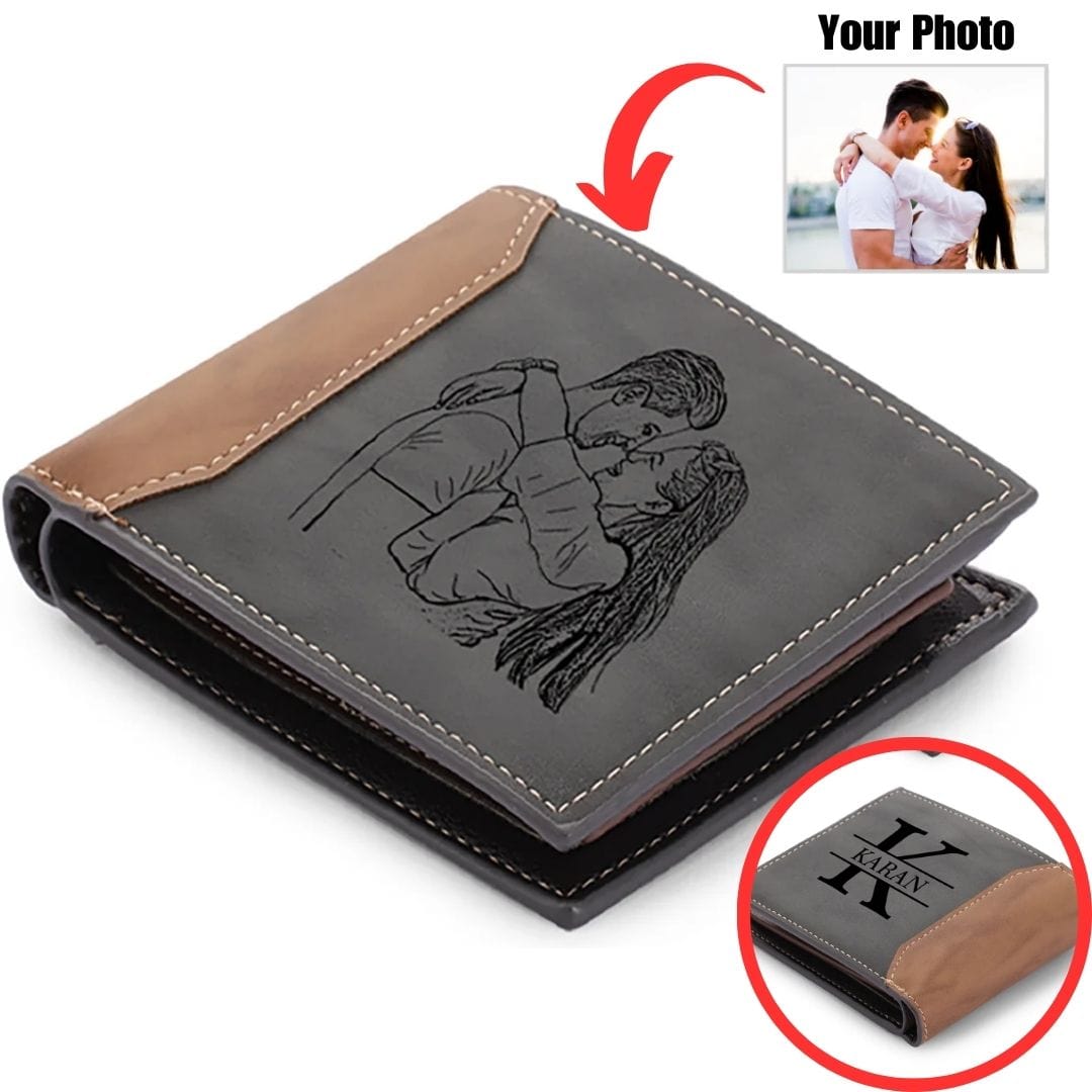 Custom Engraved Photo & Name Monogram Wallet - Gifts for Men (Grey & Brown)