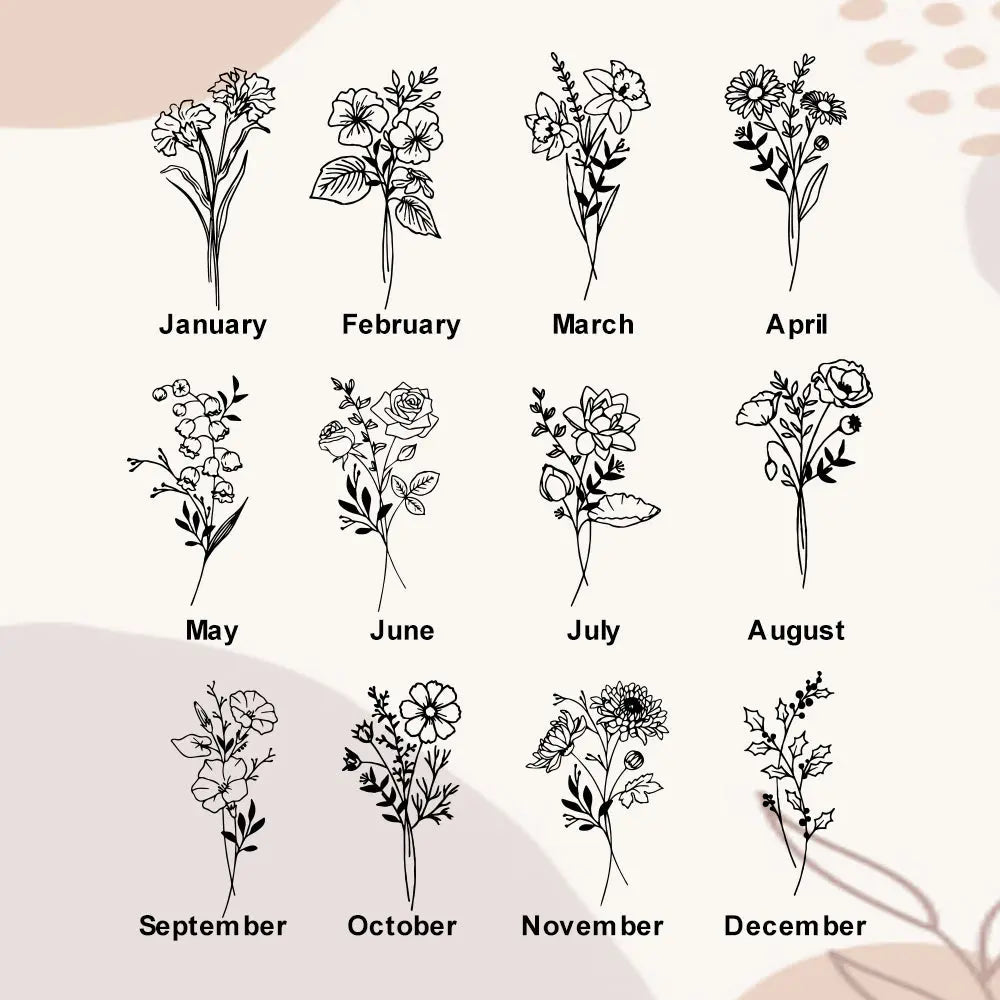 Birth flower options for personalized jewelry box, January to December floral designs.