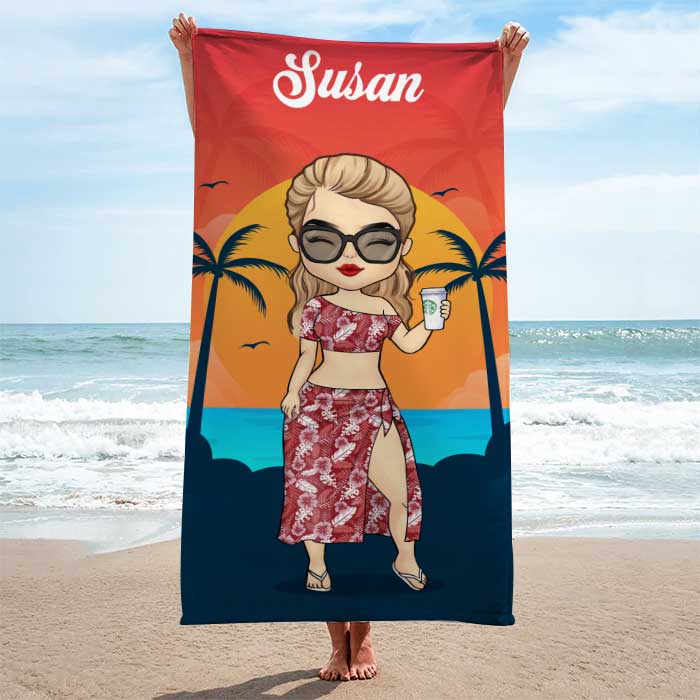 Personalized beach towel featuring a tropical sunset design and custom name, perfect gift for bestie.