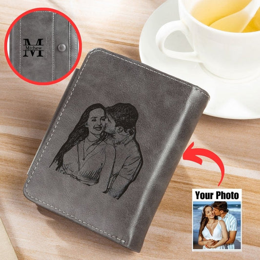 Custom Engraved Photo & Monogram Trifold Wallet (Grey)