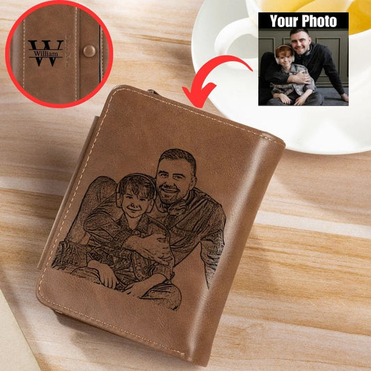 Custom Engraved Photo & Monogram Trifold Wallet (Brown)