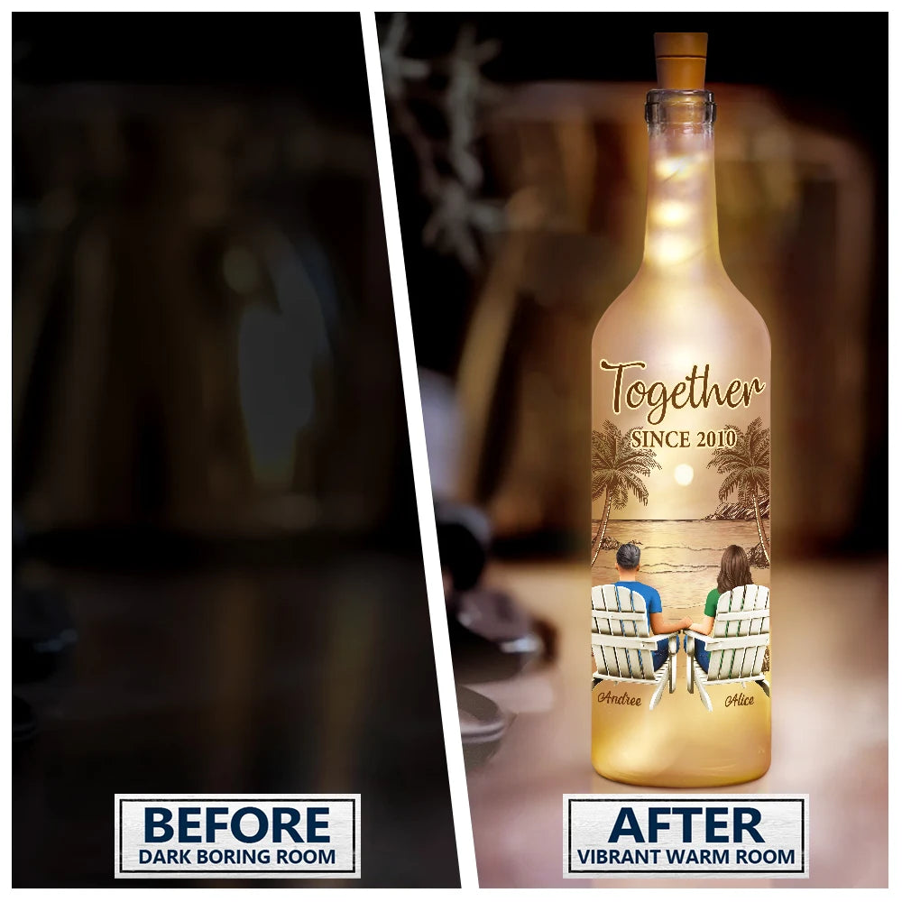 Personalized bottle light 'You & Me We Got This' glowing, before and after view. Romantic decor gift.