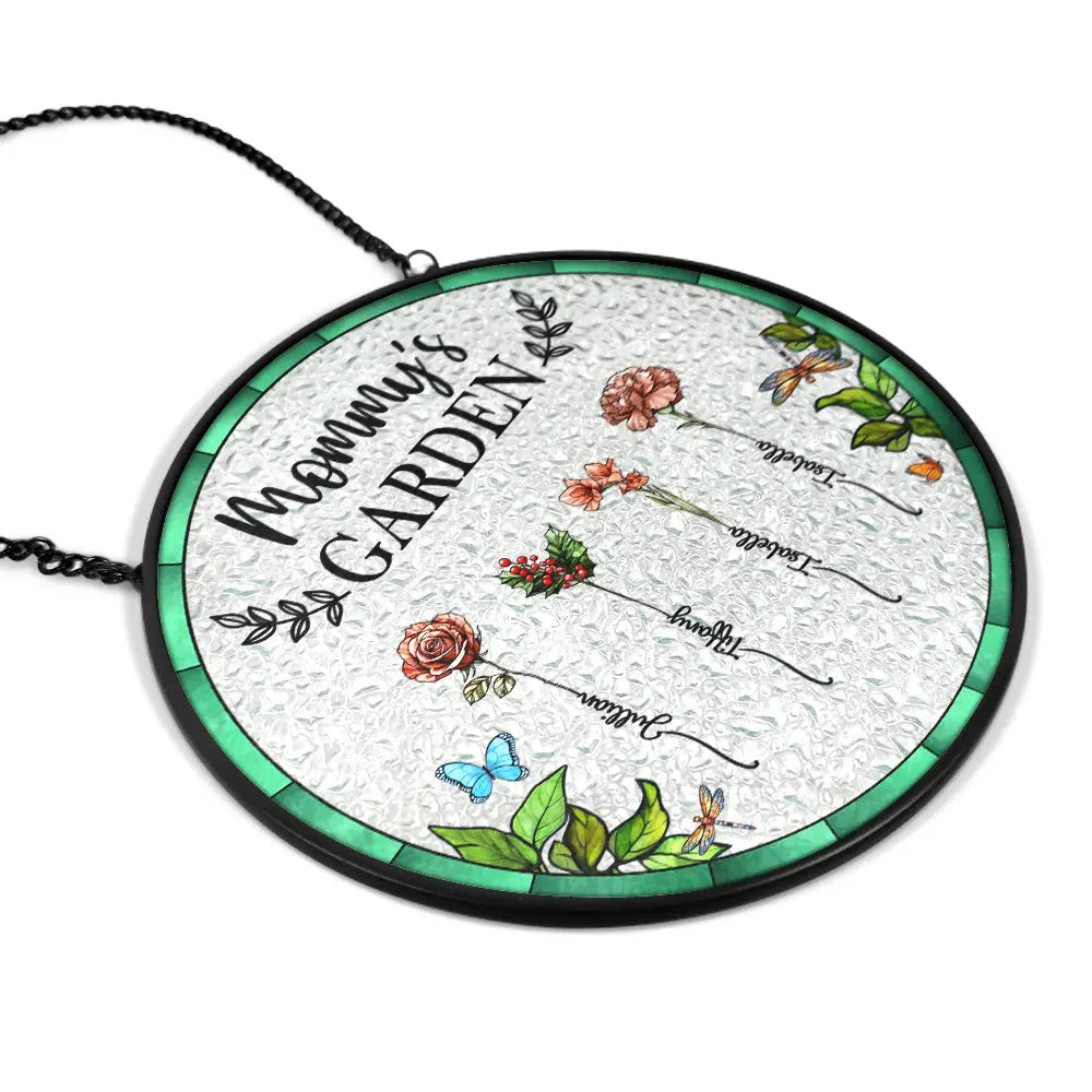 Grandma's Garden stained glass suncatcher with floral design, personalized family gift.
