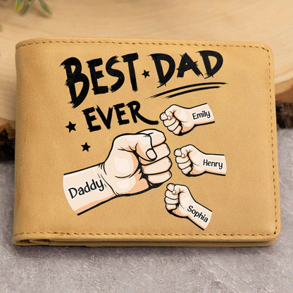 Personalized Best Dad Ever leather wallet with fist bump design for Emily, Henry, and Sophia.