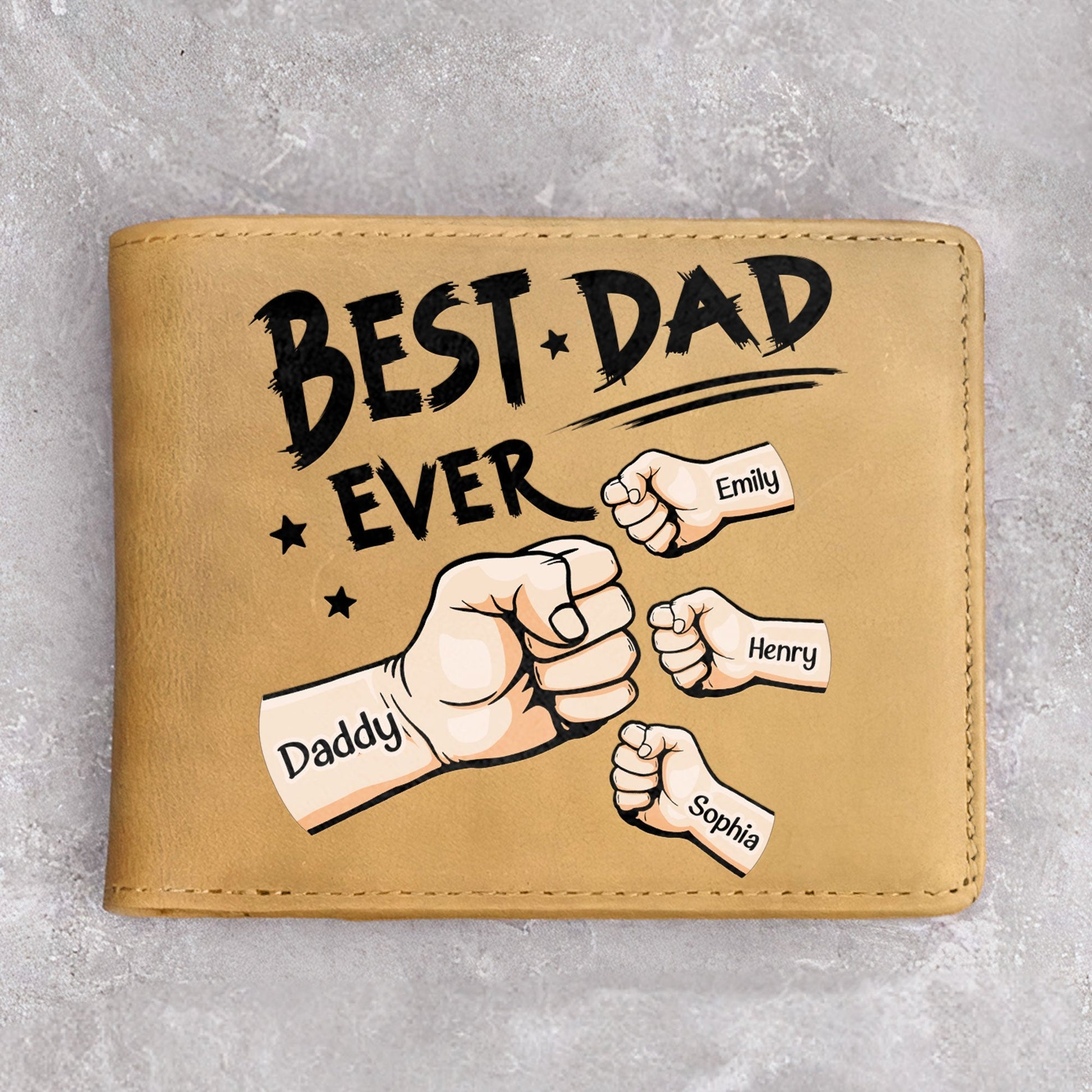 Best Dad Ever personalized leather wallet with custom fist bump design and names Emily, Henry, and Sophia.