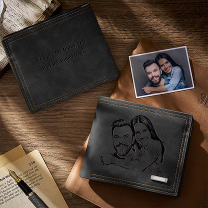Personalized black PU leather men's wallet with engraved photo, ideal memorial gift.