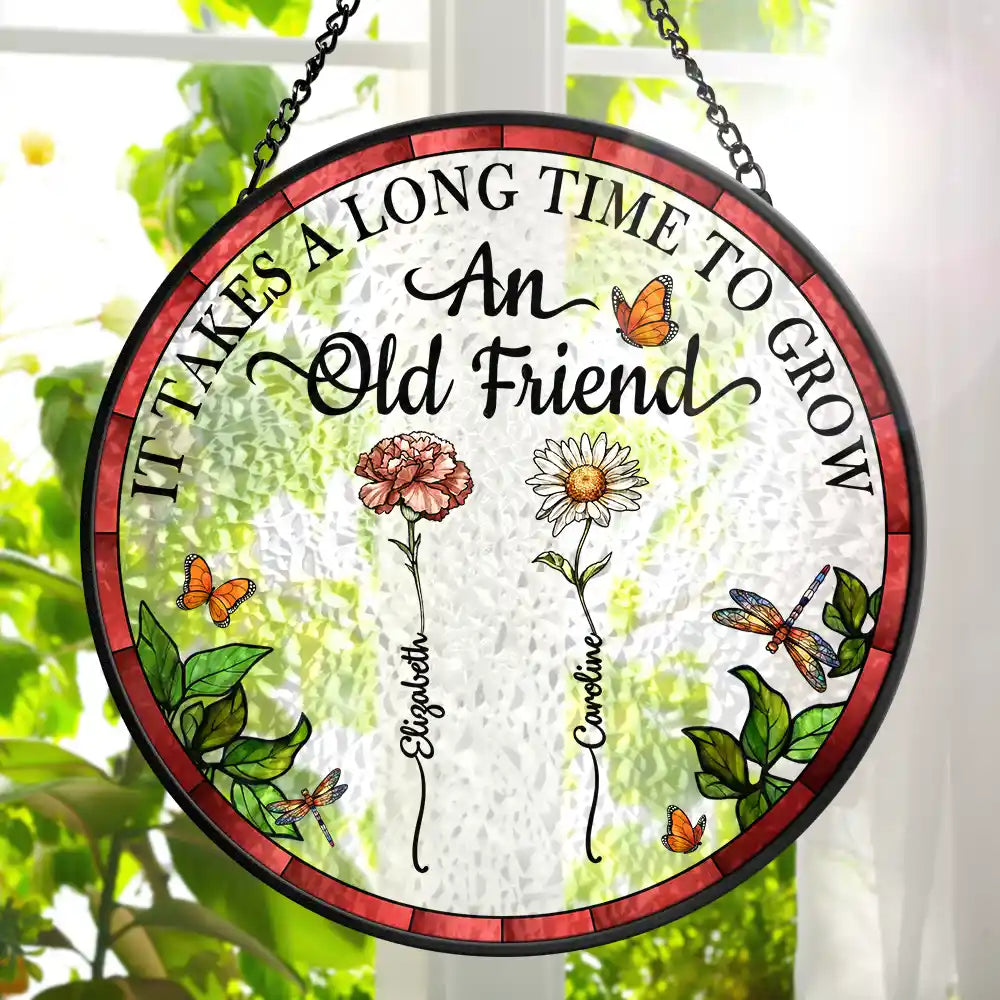 Personalized Stained Glass Window Hanging Suncatcher - Birth Flower "An Old Friend" with floral design
