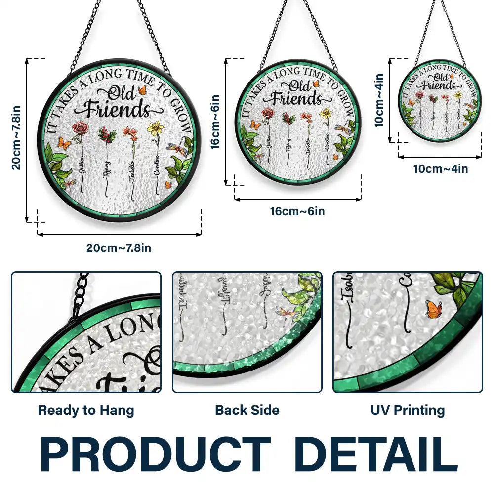 Birth Flower Grow An Old Friend Stained Glass Suncatcher - Product Details, Sizes, and Material Display