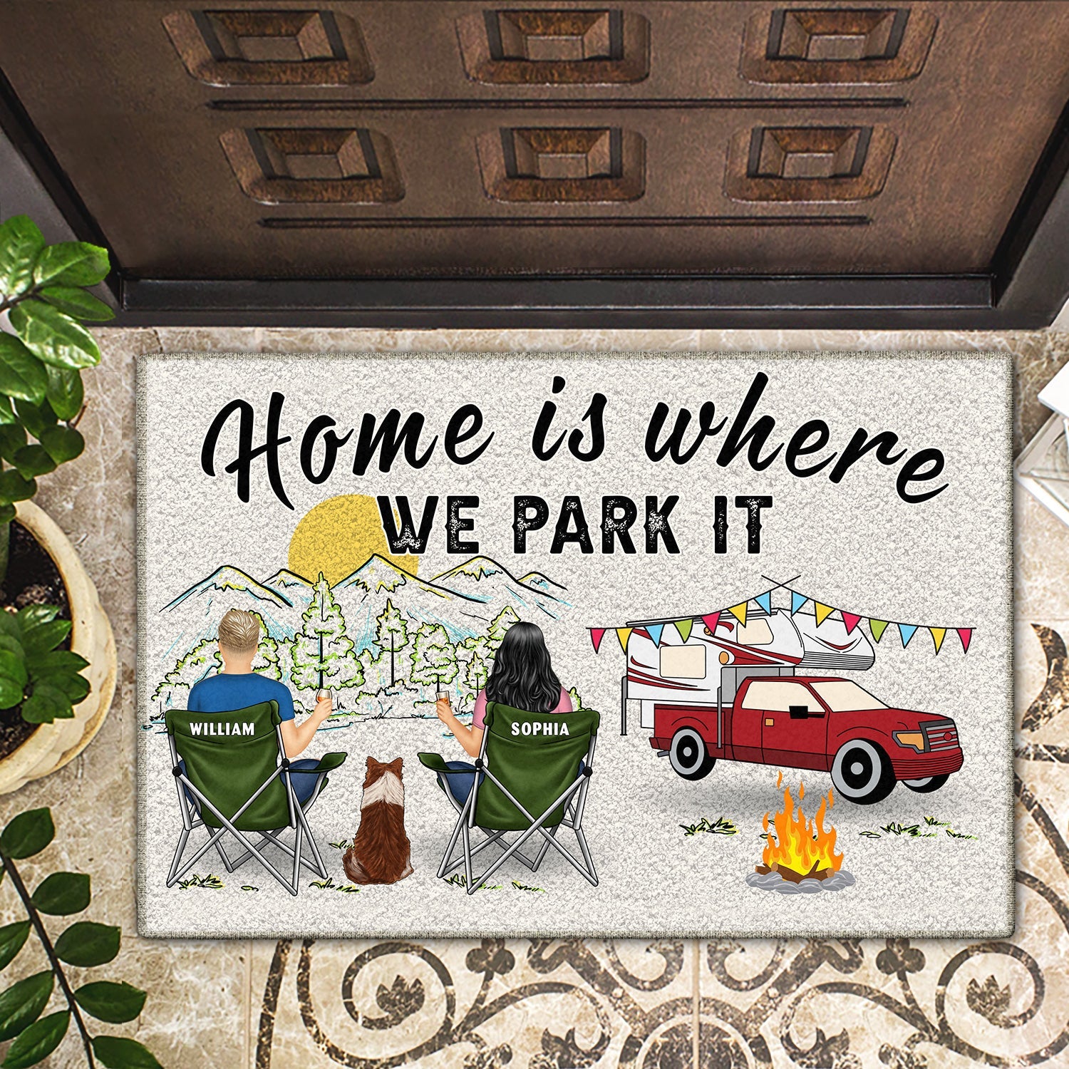Personalized camping doormat with "Home is where we park it" text and camping illustrations, a perfect gift.