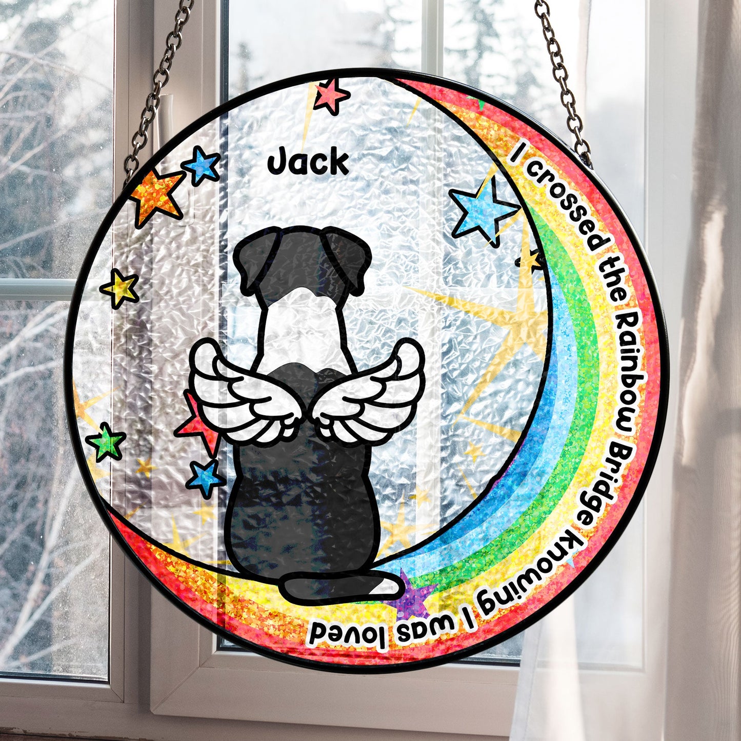 Dog Memorial Suncatcher, I Crossed The Rainbow Bridge, stained glass window hanging, pet memorial