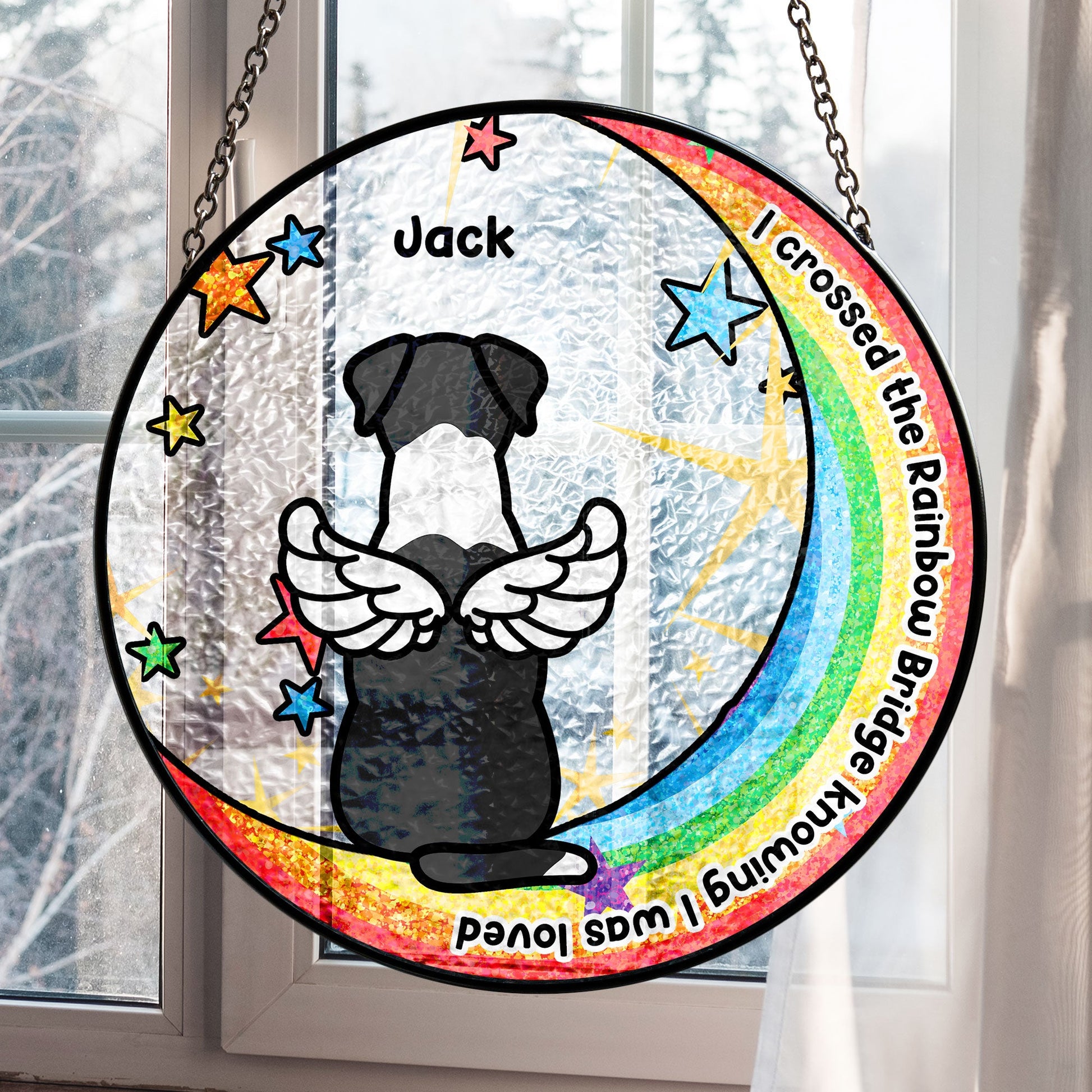 Dog Memorial Suncatcher, I Crossed The Rainbow Bridge, stained glass window hanging, pet memorial