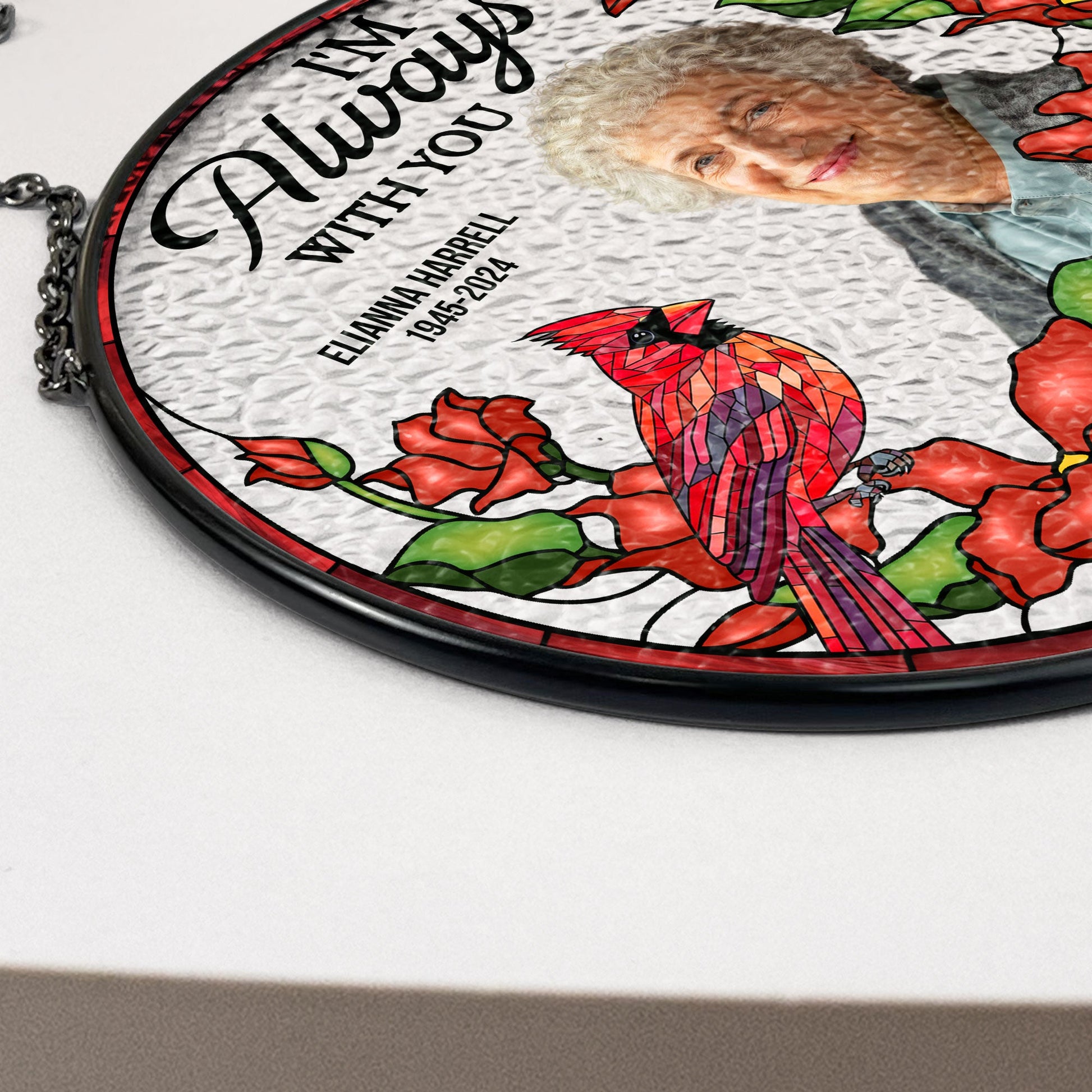 Personalized "Always With You" stained glass suncatcher, photo memorial, floral design, red birds.