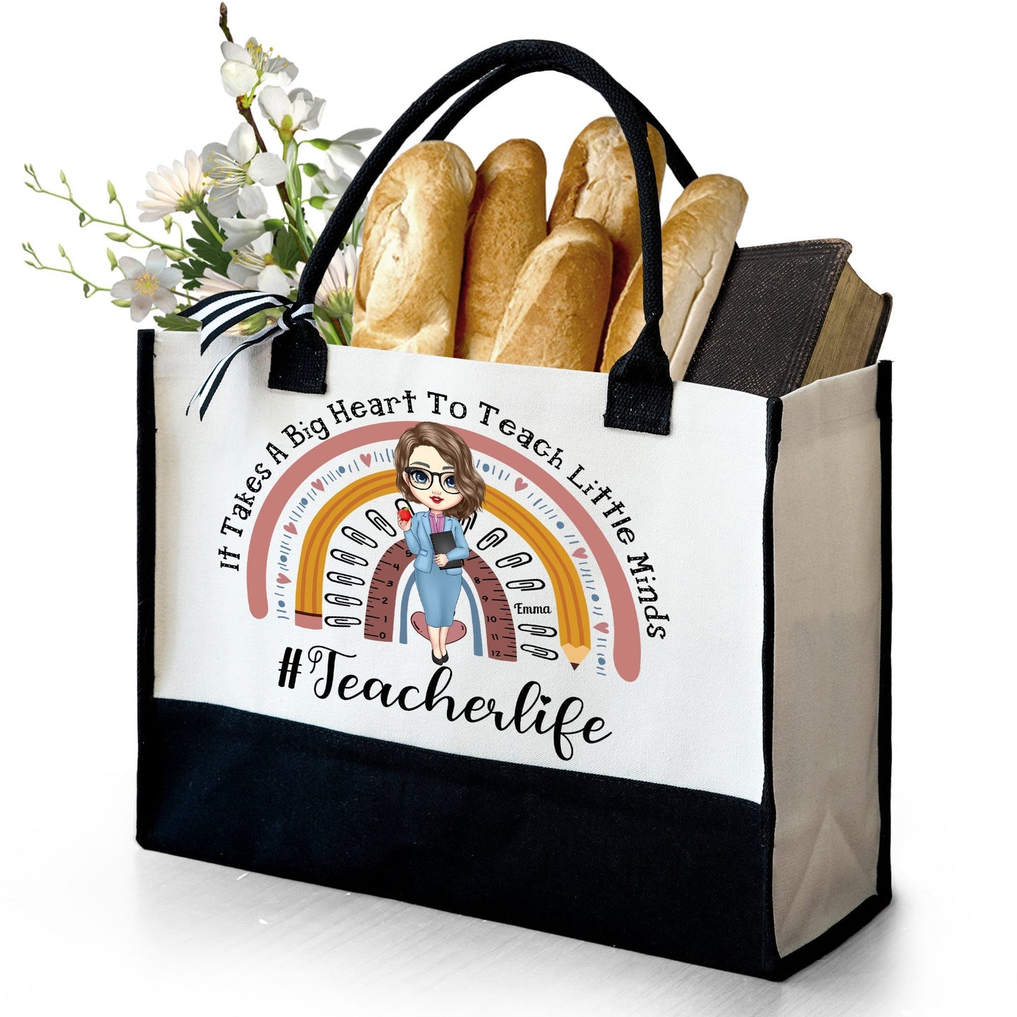 Personalized Teacher Tote Bag with Rainbow Design - "It Takes A Big Heart" Back to School Gift