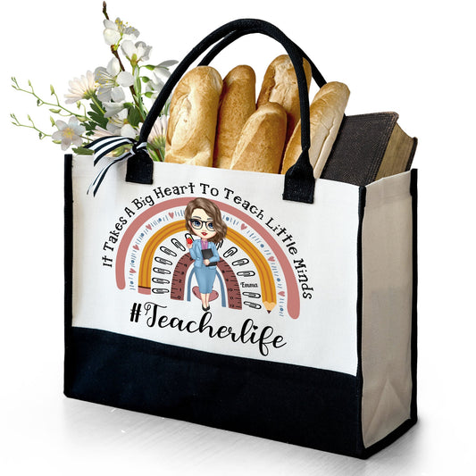 Personalized Teacher Tote Bag with Rainbow Design - "It Takes A Big Heart" Back to School Gift
