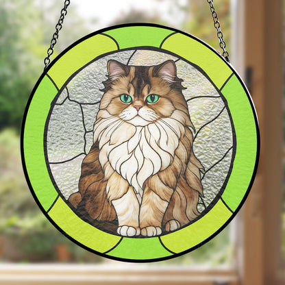 Custom cat portrait window hanging suncatcher, stained glass design with green border, perfect for any window.