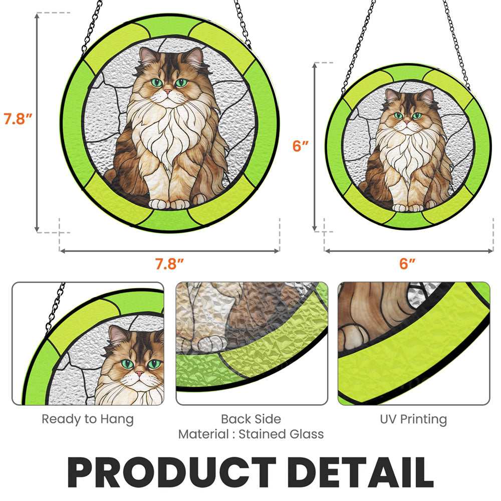 Personalized cat portrait window suncatcher with green frame, available in two sizes, displaying product details.