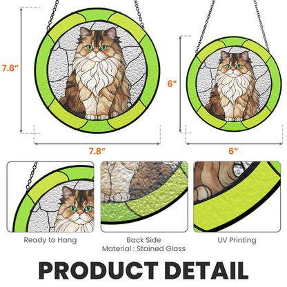 Personalized cat portrait window suncatcher with green frame, available in two sizes, displaying product details.