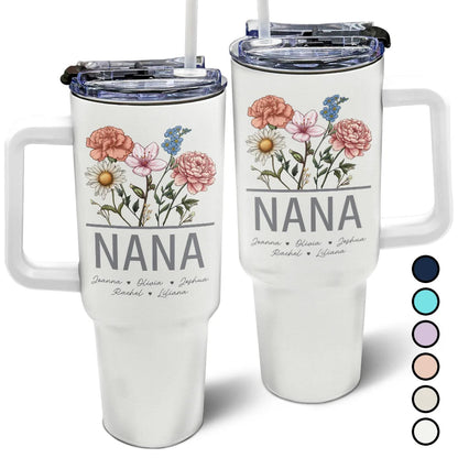Nana Personalized Tumbler with Flowers, 40oz with Straw. Gift for Grandma, Mom. Insulated design.