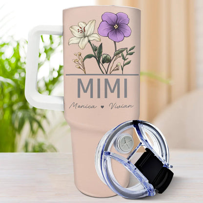 Personalized 40oz Tumbler with MIMI and birth flowers, insulated design, gift for grandma