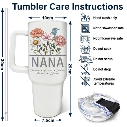 Nana tumbler with birth flowers, insulated stainless steel cup gift. Includes straw and care instructions.