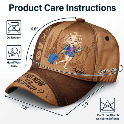 Personalized Classic Cap - 'Just a girl who loves traveling' travel design, brown cap, adjustable fit, care instructions.