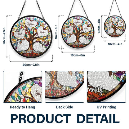 Family Unbreakable Bond Tree of Life personalized stained glass window hanging, sizes and product details.