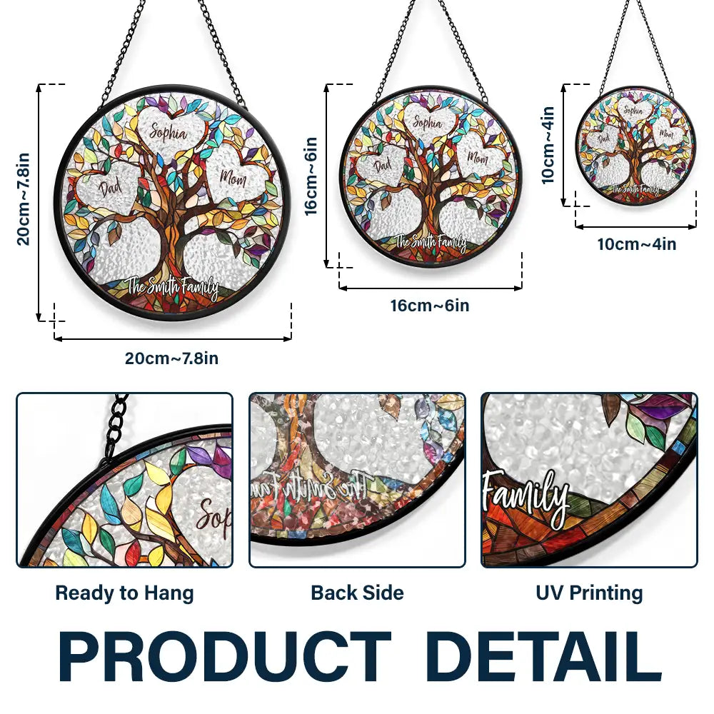 Family Unbreakable Bond Tree of Life personalized stained glass window hanging, sizes and product details.