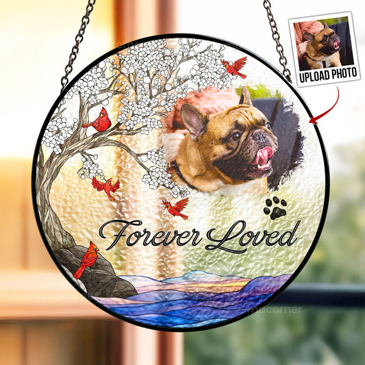 Personalized pet memorial suncatcher, stained glass with pet photo, "Forever Loved"