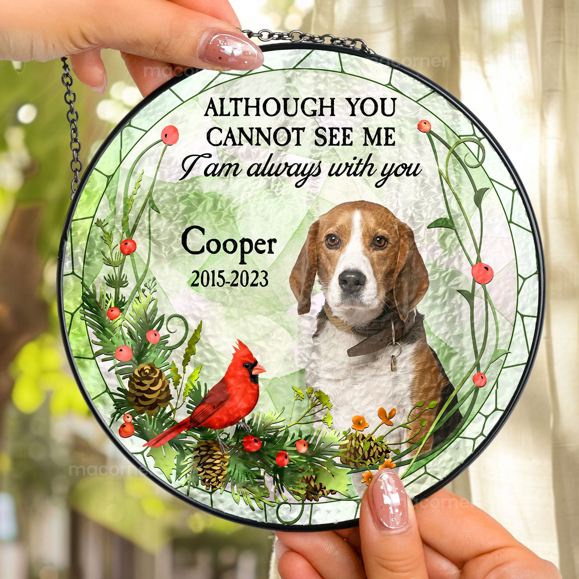 Personalized pet memorial suncatcher with dog portrait, message: 'Always with you'.