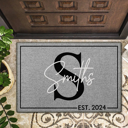 Personalized Gray Doormat with Family Name and Initial, EST. 2024, custom welcome mat