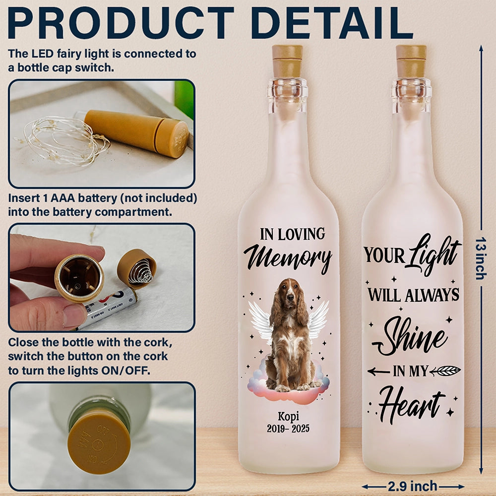 Personalized bottle light with custom pet photo, frosted glass, "Your Light Will Always Shine In My Heart" memorial gift