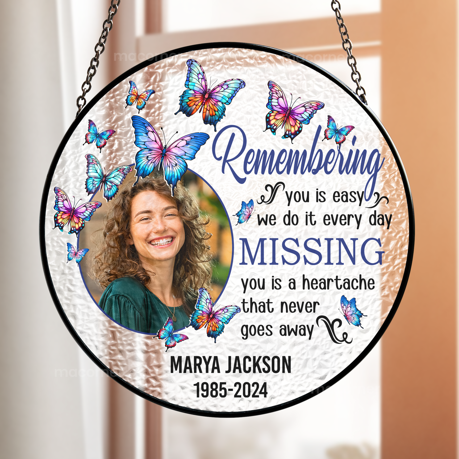 Personalized stained glass suncatcher, Remembering You memorial gift, photo and butterflies