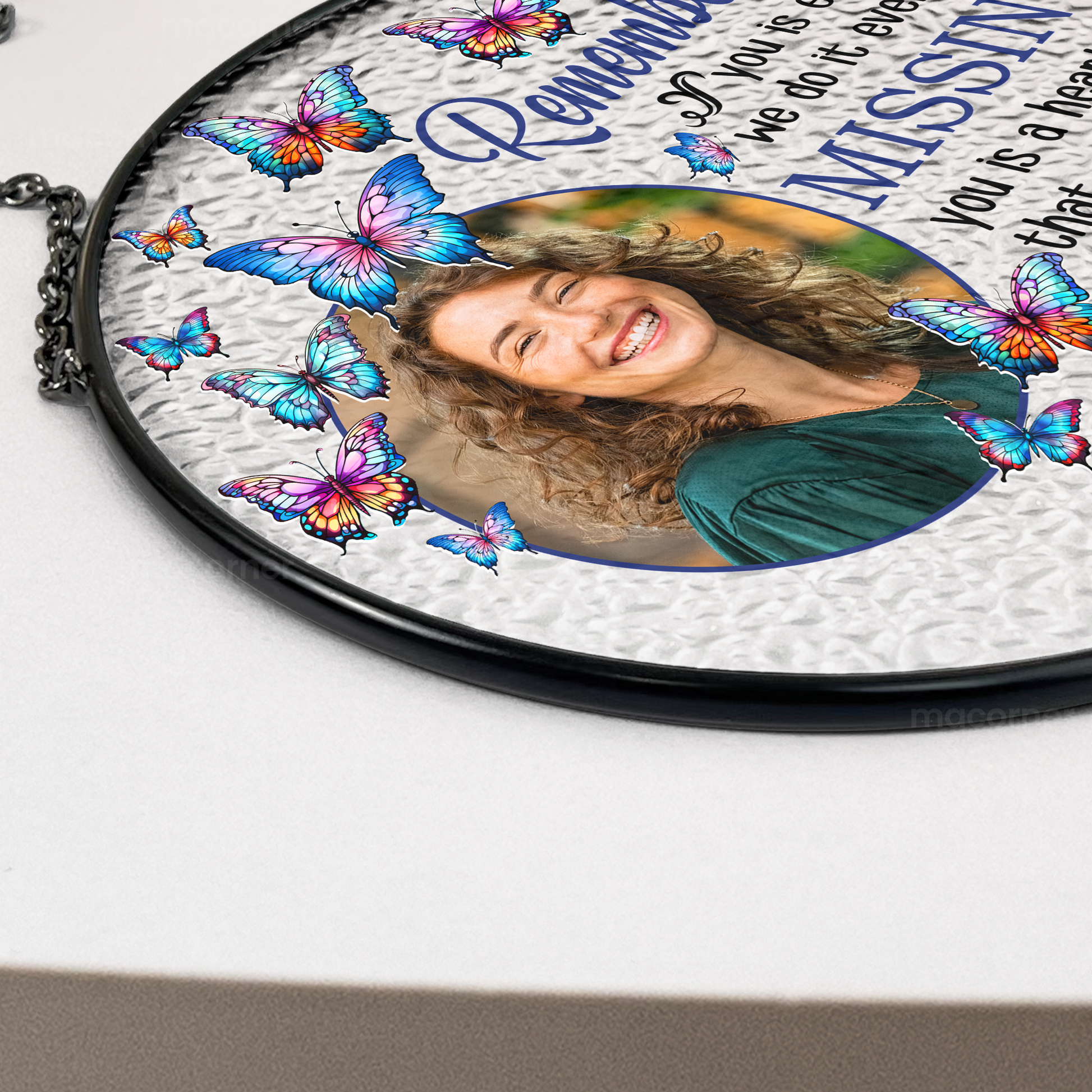 Personalized photo stained glass suncatcher memorial gift with photo, butterflies, and 'Remembering You' message.