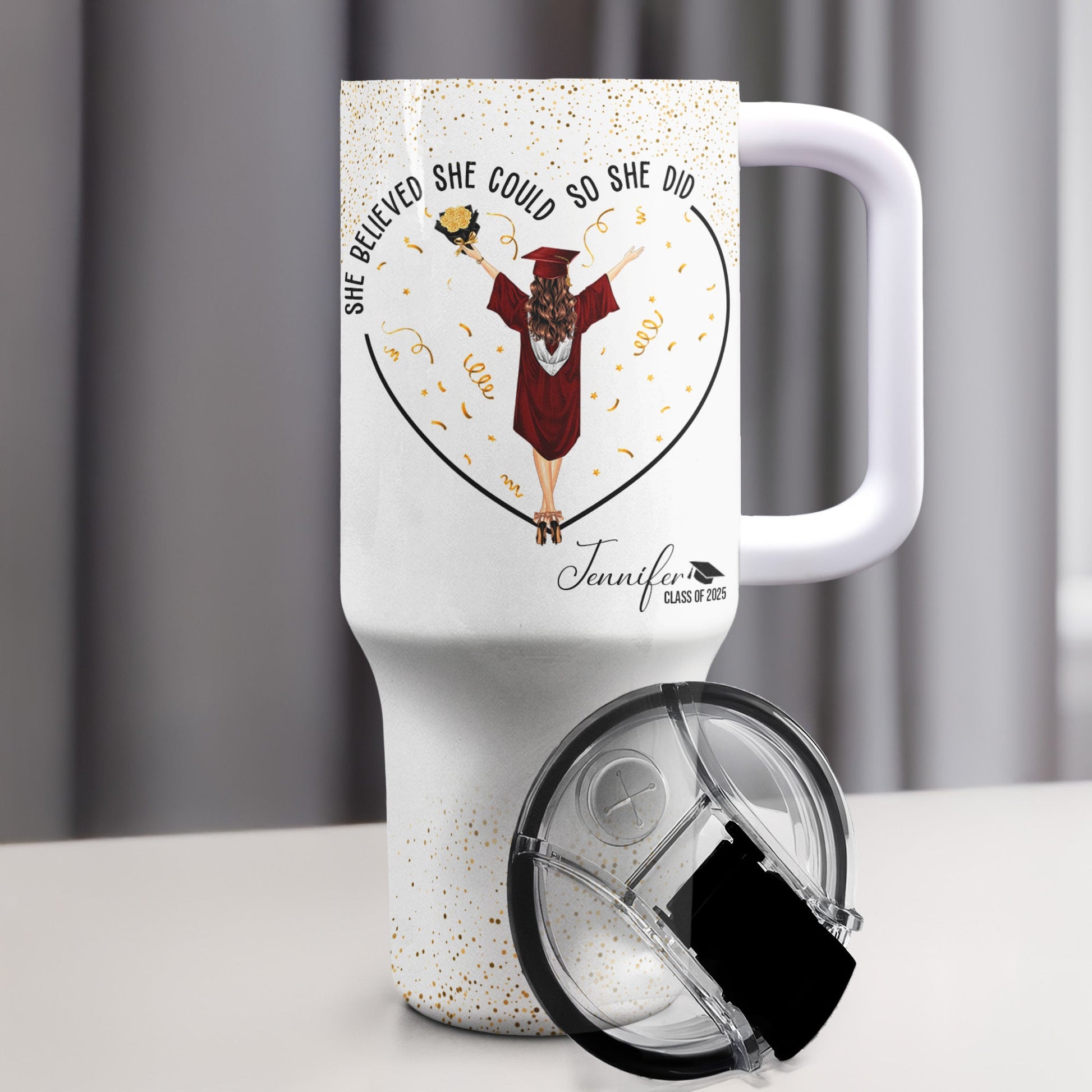 Personalized 40oz Tumbler with 'She Believed She Could So She Did' quote, Graduation gift idea