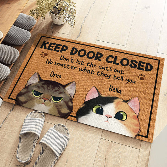 Custom cat doormat with "Keep Door Closed" message, personalized gift for cat lovers, welcome guests.