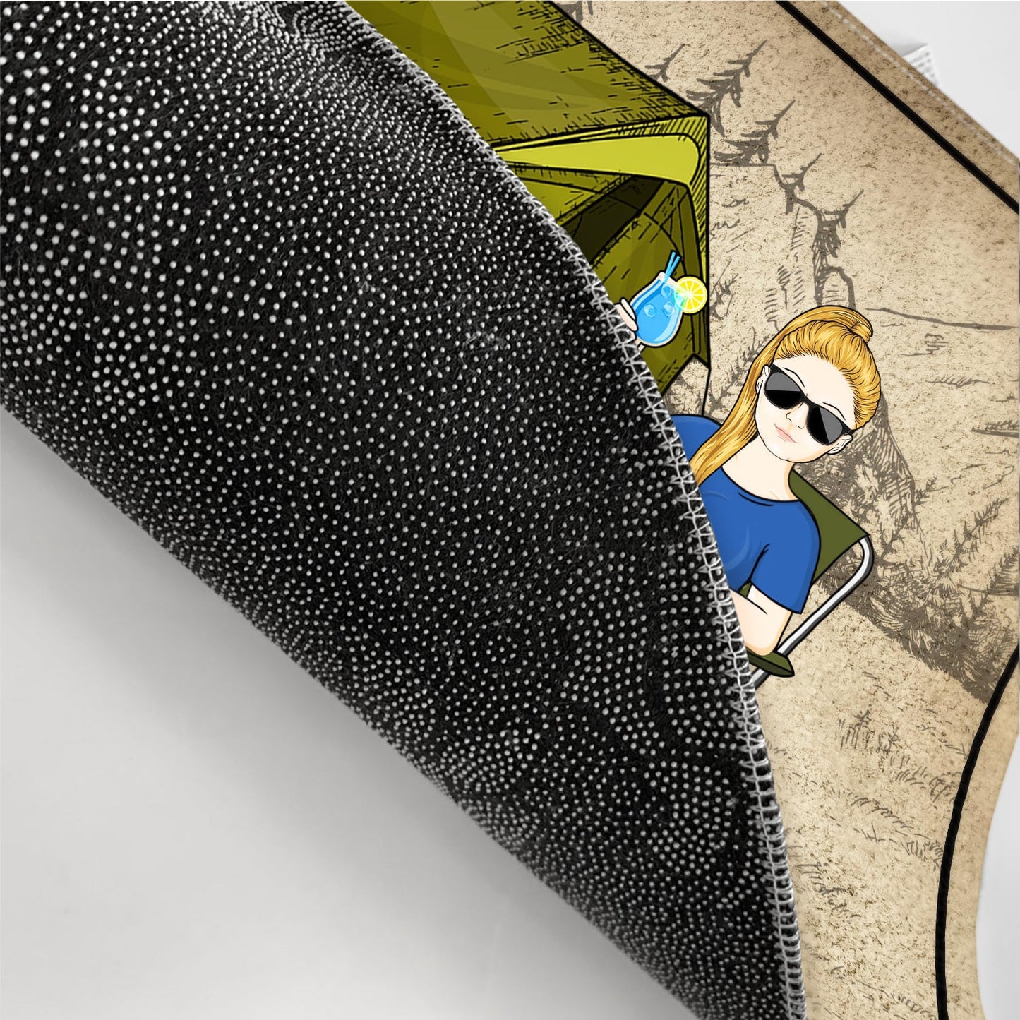 Home Is Where We Park It doormat detail, featuring a partial view of the personalized design, non-slip rubber base.