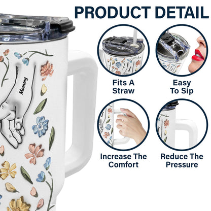 Hand In Hand floral 40oz tumbler details: Includes straw, easy use, perfect gift for Mom/Grandma.